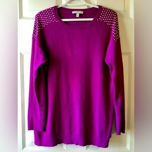Chaus New York Magenta Purple Ribbed Sleeve Silver Stud Shoulders Sweater Large